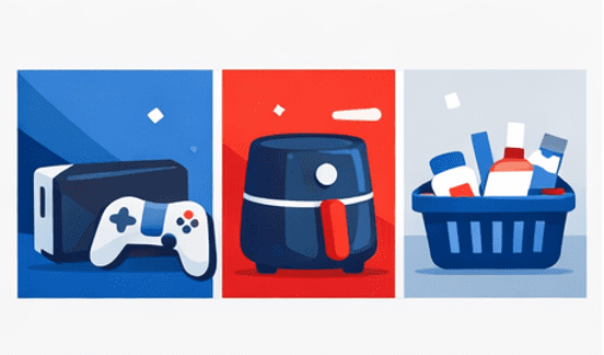 Illustrations of popular deal categories including gaming, home appliances and everyday essentials.