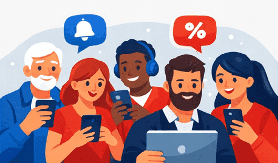 A diverse group of UK shoppers using phones and a laptop, representing the KO Deals community and deal alerts.