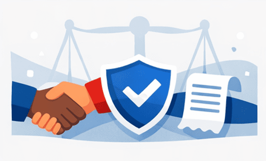 A handshake with a shield icon, representing trust, transparency and shopper protection.