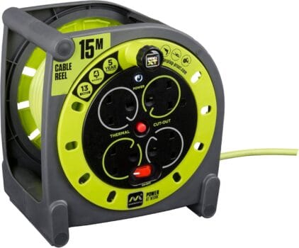 Masterplug Four Socket, 15 Metre Premium Case Reel, Medium Power Cable Extension Reel