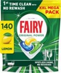 Fairy Original Power Dishwasher Tablets Lemon, 140 Capsules, 1st Time Cleaning Action with No Rewash