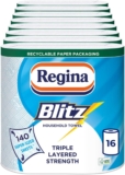 Regina Blitz Household Towels – 16 Triple Layered Rolls, 140 Sheets Per Roll
